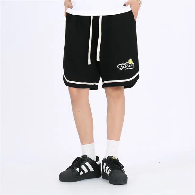 星际者 趣味字母美式高街卡通动漫篮球印花宽训练松系带五分休闲短裤 男女同款