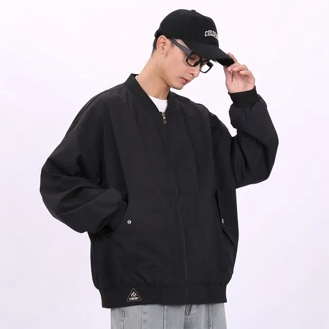星际者 纯色山系户外品牌贴标棒球领宽松落肩飞行工装拉链百搭休闲夹克外套 男女同款