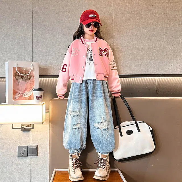 迷乐童堡 童堡 字母单排扣休闲长袖棒球服外套 女童 粉色