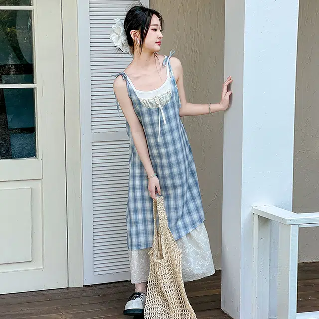 迷乐童堡连衣裙 洋气时髦休闲格纹吊带 蓝色 青少年