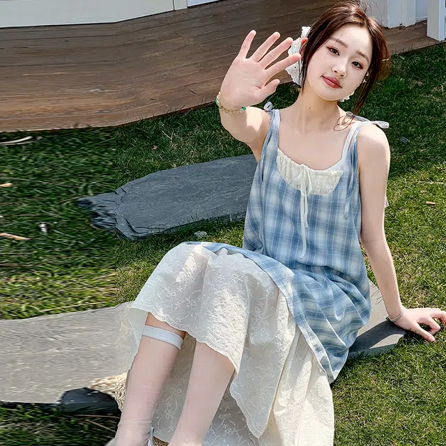 迷乐童堡连衣裙 洋气时髦休闲格纹吊带 蓝色 青少年