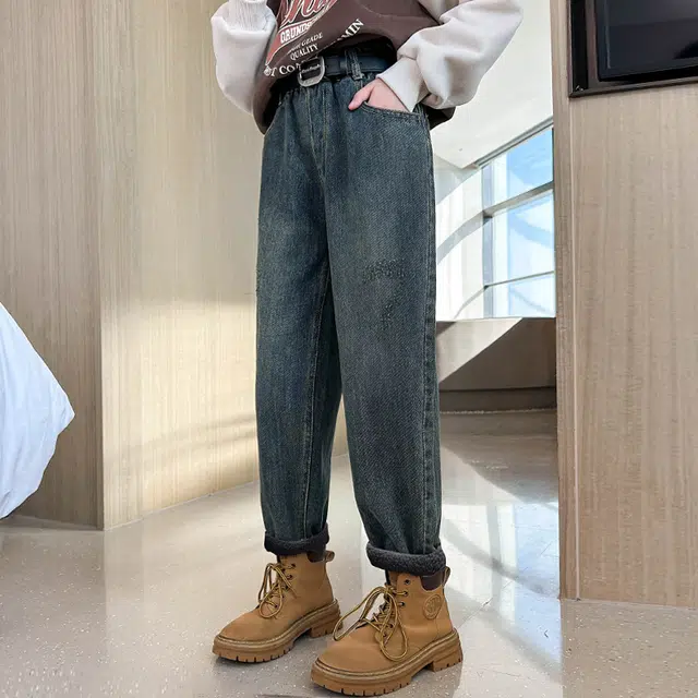 迷乐童堡 童装 加绒加厚一体绒中腰牛仔裤 儿童款 蓝色