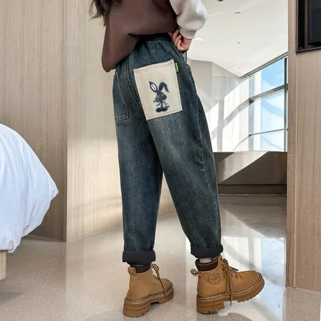 迷乐童堡 童装 加绒加厚一体绒中腰牛仔裤 儿童款 蓝色