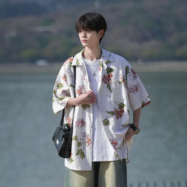 玉儿恋 美式复古植物花卉宽松冰丝凉感夏威夷短袖时尚百搭衬衫 男女同款