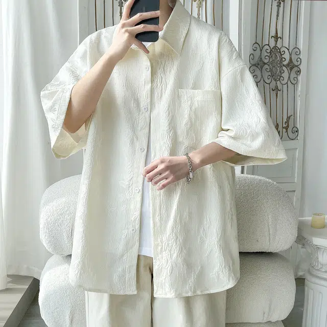 北欧攻略 美式复古与新中式风格提花短袖衬衫 男女同款