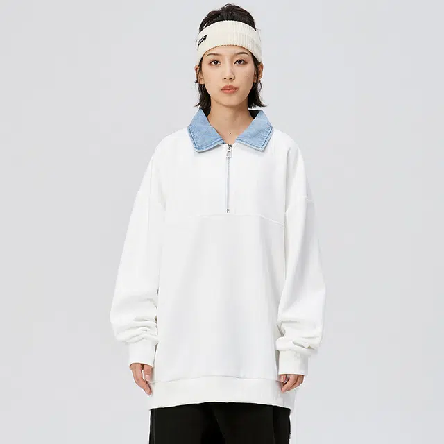美式复古潮流牛仔领半拉链长袖上衣舒适百搭卫衣 男女同款