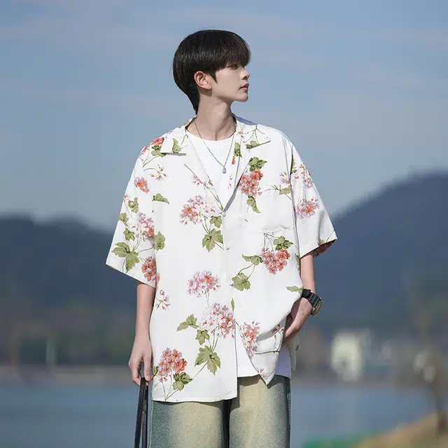 玉儿恋 美式复古植物花卉宽松冰丝凉感夏威夷短袖时尚百搭衬衫 男女同款