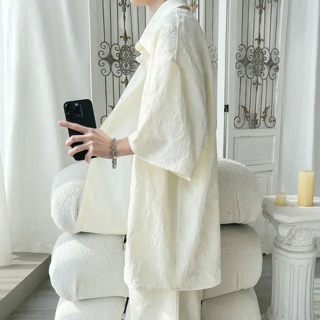 北欧攻略 美式复古与新中式风格提花短袖衬衫 男女同款