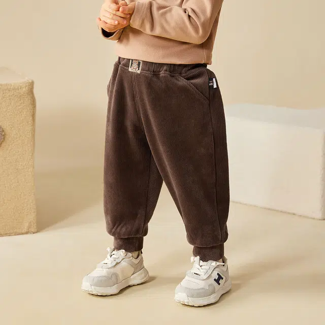 嘟嘟家 童装 纯色加绒休闲裤 男童女童 咖色