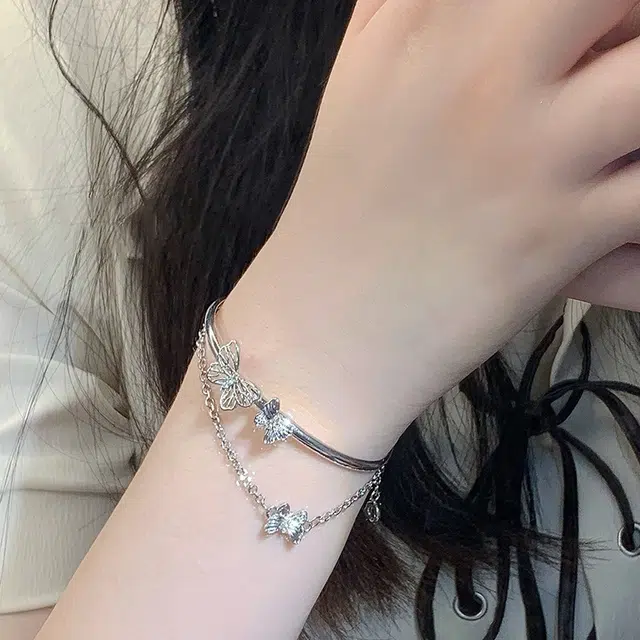 阡陌 蝴蝶流苏双层半镯半链 可调节 轻奢小众精致女生手镯高级感闺蜜学生配饰  时尚简约精致百搭 合金 手链  女款
