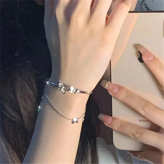 阡陌 蝴蝶流苏双层半镯半链 可调节 轻奢小众精致女生手镯高级感闺蜜学生配饰  时尚简约精致百搭 合金 手链  女款