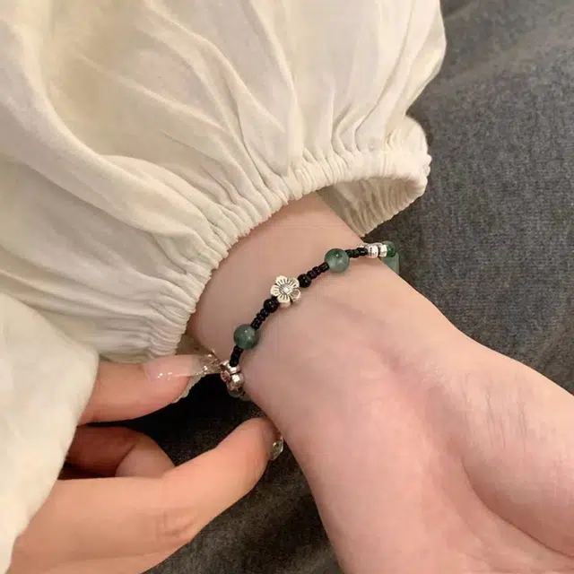 阡陌 碧玉银花 新中式复古气质编织串珠手绳 精致简约时尚百搭小众高级 女友闺蜜礼盒 织物 手链 女款