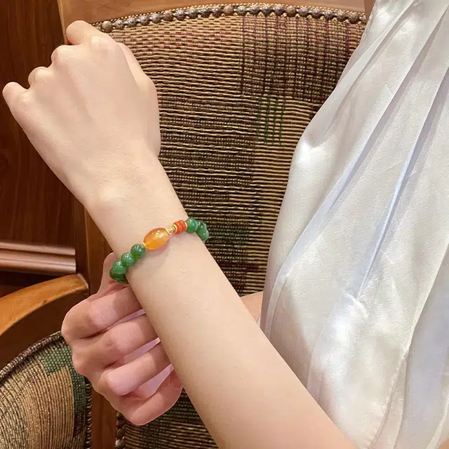 琳琯瑛 新中式国风小众设计高级感轻奢气质鸿福枣珠蜜蜡 和田玉手串 碧玉 女款