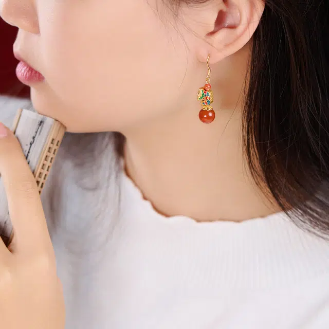 琳琯瑛 新中式国风气质小众设计款双龙戏珠 南红 耳环 女款