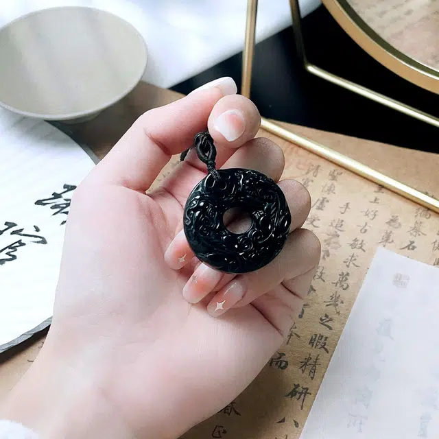 琳琯瑛 新中式复古招财双貔貅平安扣 黑曜石 玉石吊坠 男女同款情侣款 黑曜石