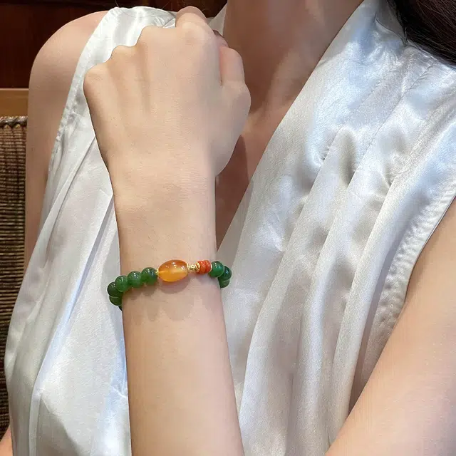 琳琯瑛 新中式国风小众设计高级感轻奢气质鸿福枣珠蜜蜡 和田玉手串 碧玉 女款