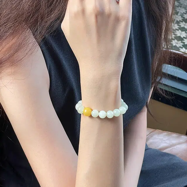 琳琯瑛 新中式国风小众设计高级感轻奢气质晴水 蜜蜡一点蜜 和田玉手串 白玉/青白玉 女款
