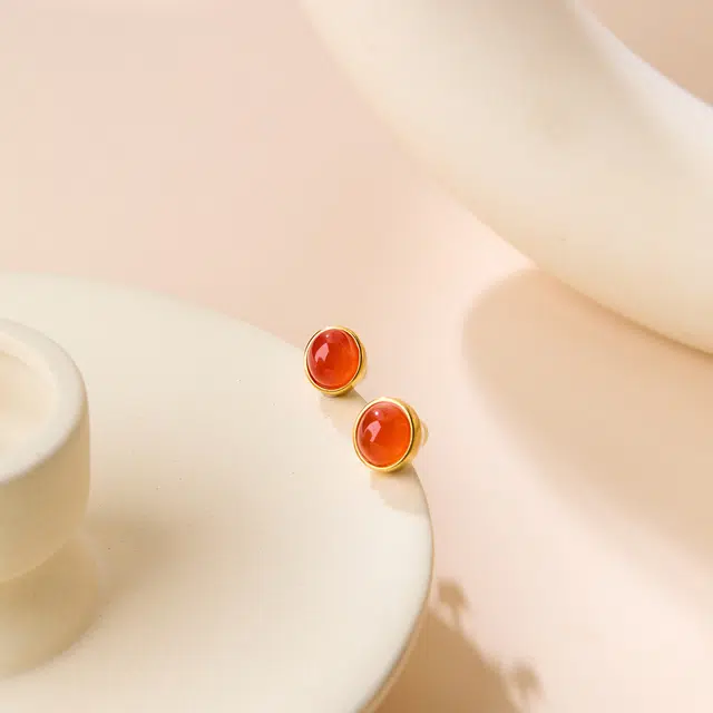 琳琯瑛 新中式国风 蛋面保山冰红简约款 南红 名贵玉石耳钉 女款