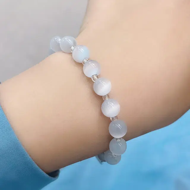 琳琯瑛 圆珠福字可爱小巧 猫眼灰月光 玉石手串 女款 水晶