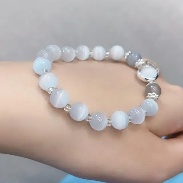 琳琯瑛 圆珠福字可爱小巧 猫眼灰月光 玉石手串 女款 水晶