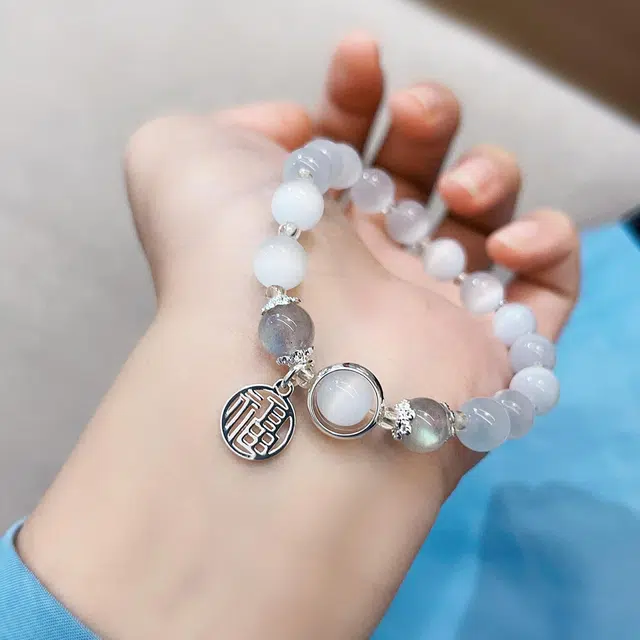琳琯瑛 圆珠福字可爱小巧 猫眼灰月光 玉石手串 女款 水晶