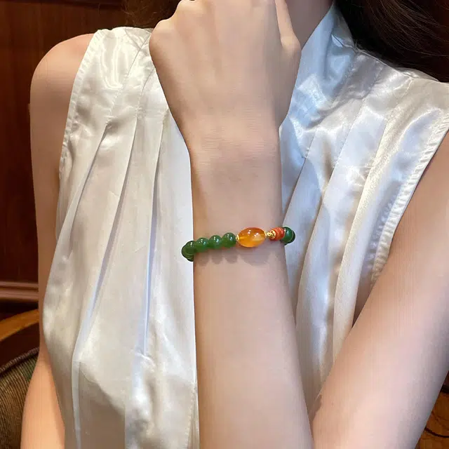 琳琯瑛 新中式国风小众设计高级感轻奢气质鸿福枣珠蜜蜡 和田玉手串 碧玉 女款