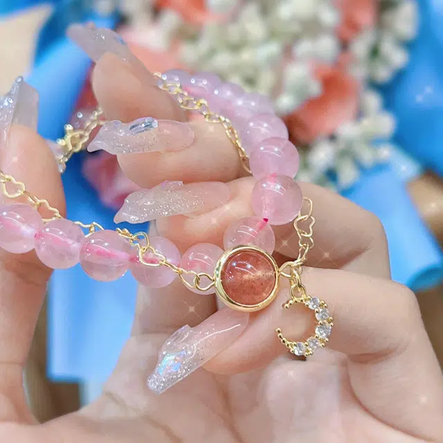琳琯瑛 校园风 粉色行星 可爱手饰 草莓晶 玉石手串 女款 水晶