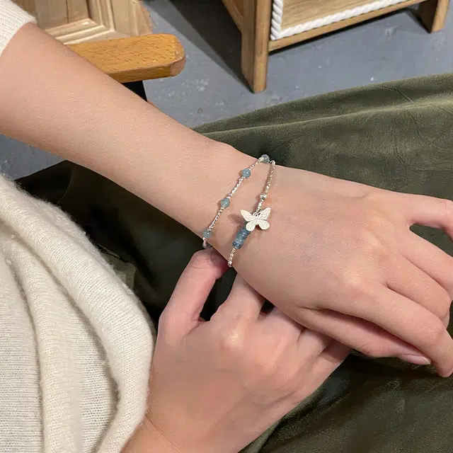 琳琯瑛 新中式国风小众设计高级感轻奢气质碎银好运蝴蝶蓝水危料 糯冰 翡翠手链 女款
