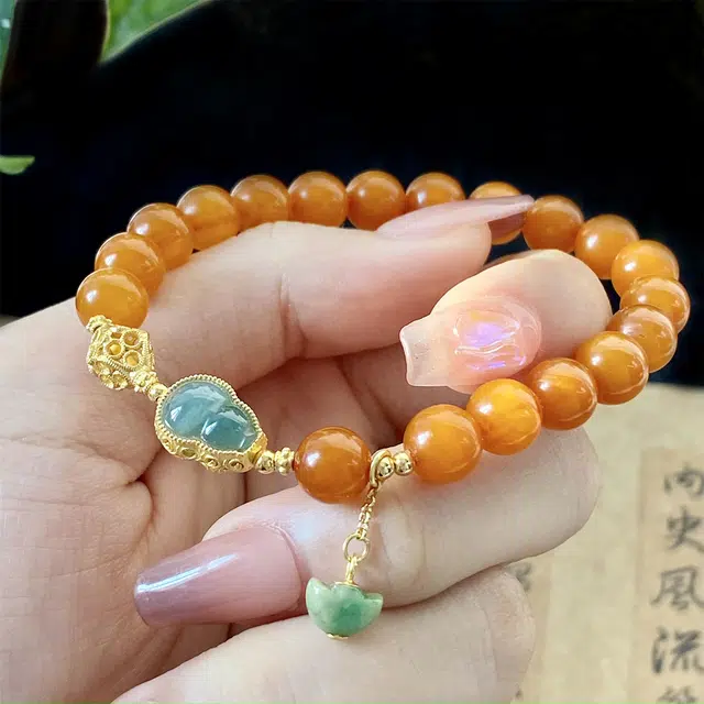 琳琯瑛 新中式国风黄色葫芦吸金纳福 蜜蜡 玉石手串 女款