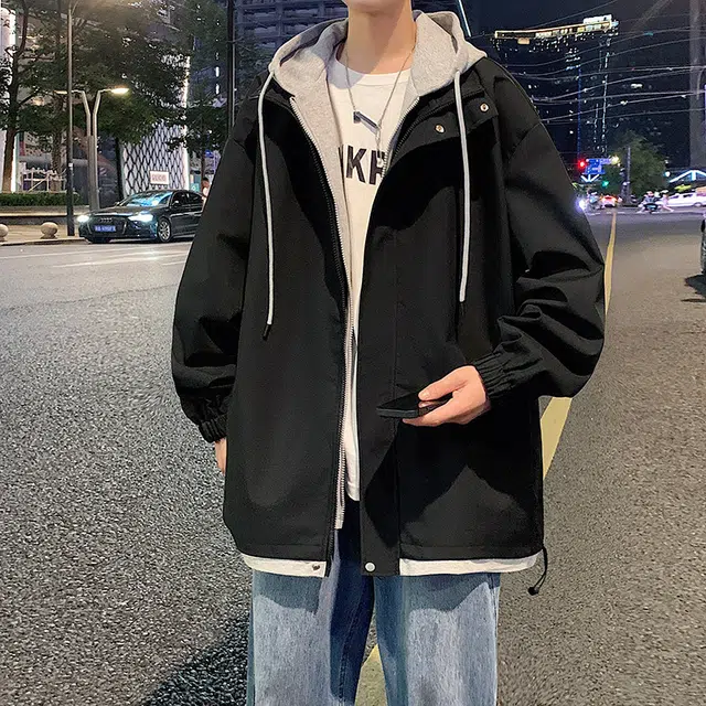 寻星记 假两件拼接宽松百搭连帽长袖夹克 男女同款