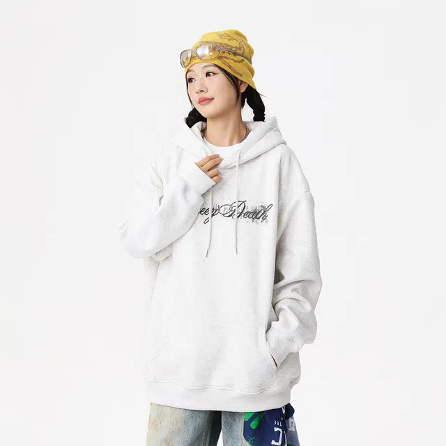 Qnxeey Vintage Ink Print Hoodie