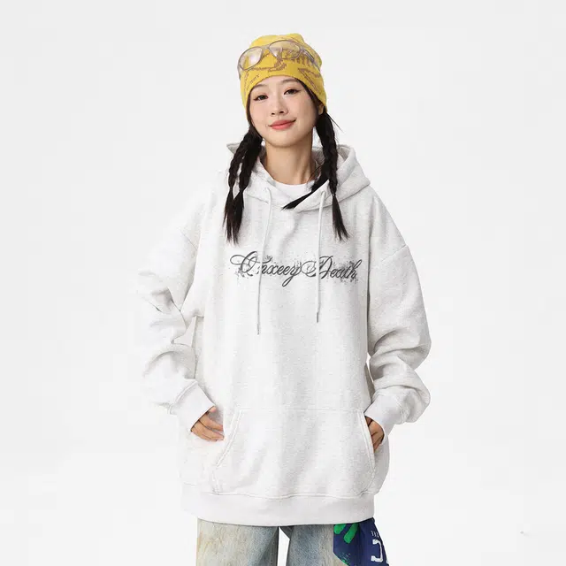 Qnxeey Vintage Ink Print Hoodie