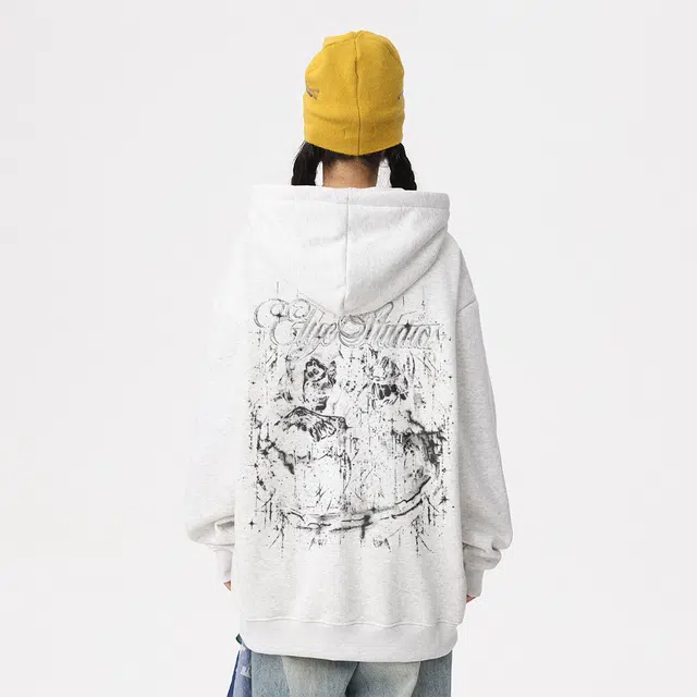 Qnxeey Vintage Ink Print Hoodie