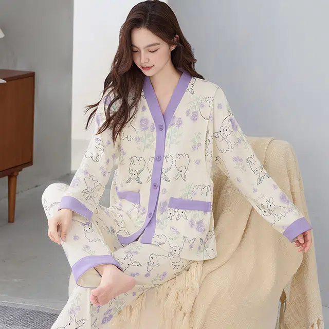 兰缪 长袖长裤怀孕期月子服产后喂奶哺乳家居服睡衣套装 女款 图片色