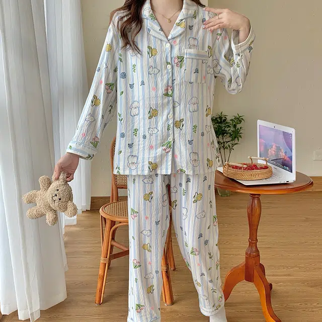 兰缪 带胸垫舒适透气长袖长裤家居服睡衣套装 女款 图色