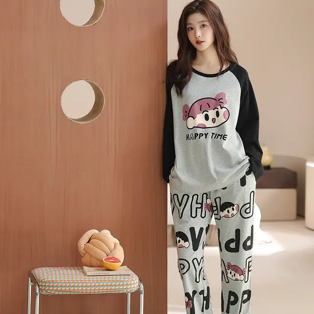 兰缪 纯棉女春夏秋冬款长袖长裤薄款简约圆领套头女士可外穿家居服睡衣套装 女款