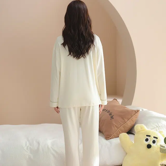 兰缪 女士春夏秋冬款纯棉长袖薄款开衫可爱风大码宽松家居服睡衣套装 女款