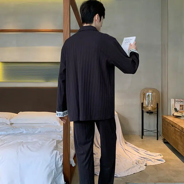 兰缪 纯棉长袖青少年时尚休闲家居服睡衣套装 男 图色