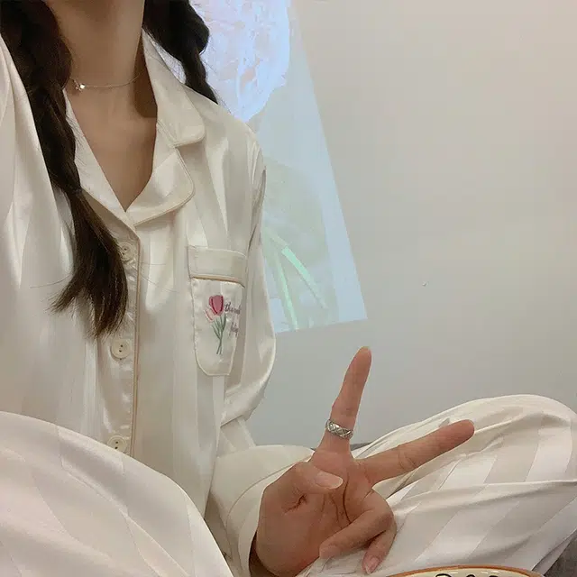 兰缪 花卉口袋带胸垫翻领上衣速干条纹凉感长裤睡衣套装 女款 杏色