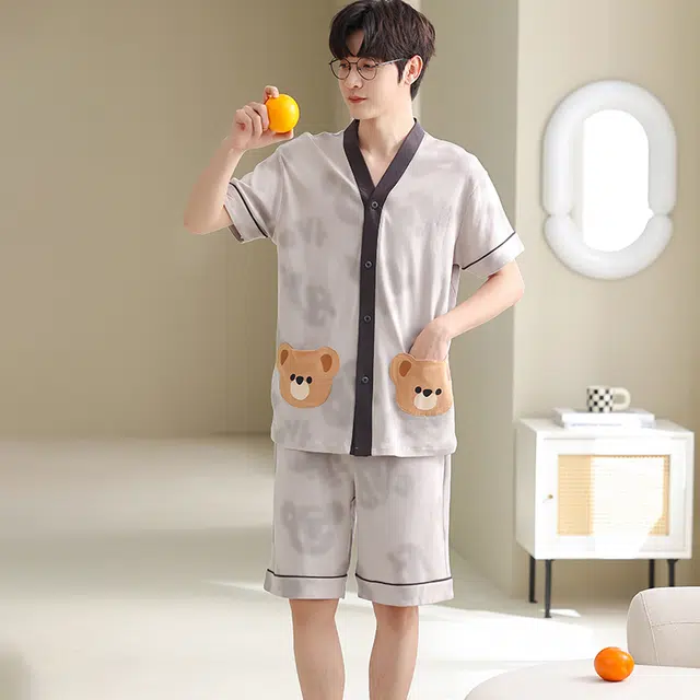 兰缪 纯棉短袖薄款大码家居服睡衣套装 男款 图片色