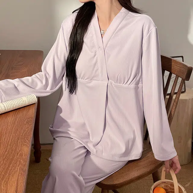 兰缪 德绒保暖带胸垫休闲月子服家居服睡衣套装 女款 浅紫色
