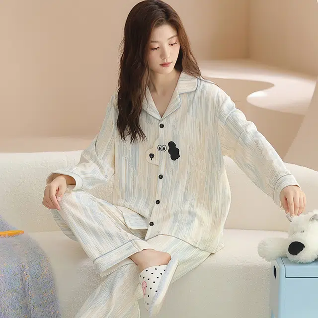 兰缪 春夏秋冬季女士开衫纯棉长袖薄款网红风大码家居服睡衣套装 女款