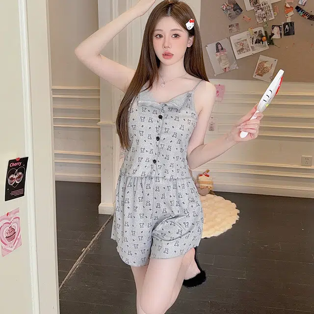 兰缪 带胸垫舒适甜美无袖吊带上衣家居服三分裤睡衣套装 女款 图片色