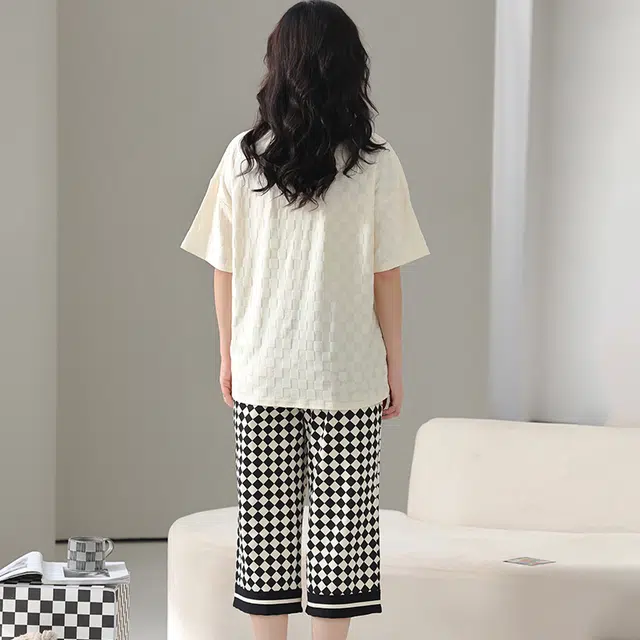 兰缪 亲肤卡通简约短袖七分裤可外穿家居服睡衣套装 女款 图片色