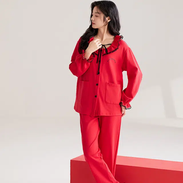 兰缪 舒适亲肤圆领长袖上衣可外穿家居服长裤睡衣套装 女款 图片色