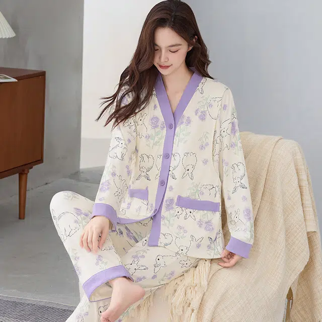 兰缪 长袖长裤怀孕期月子服产后喂奶哺乳家居服睡衣套装 女款 图片色