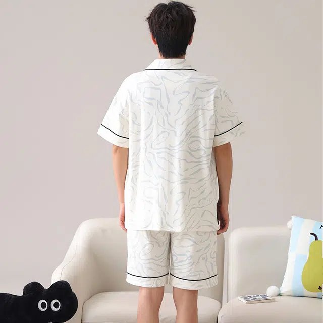 兰缪 舒适透气翻领短袖上衣家居服五分裤睡衣套装 男款 图片色