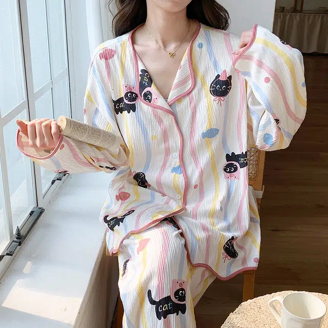 兰缪 可爱甜美带胸垫一体开衫长袖休闲可外穿长裤睡衣套装 女款 图片色