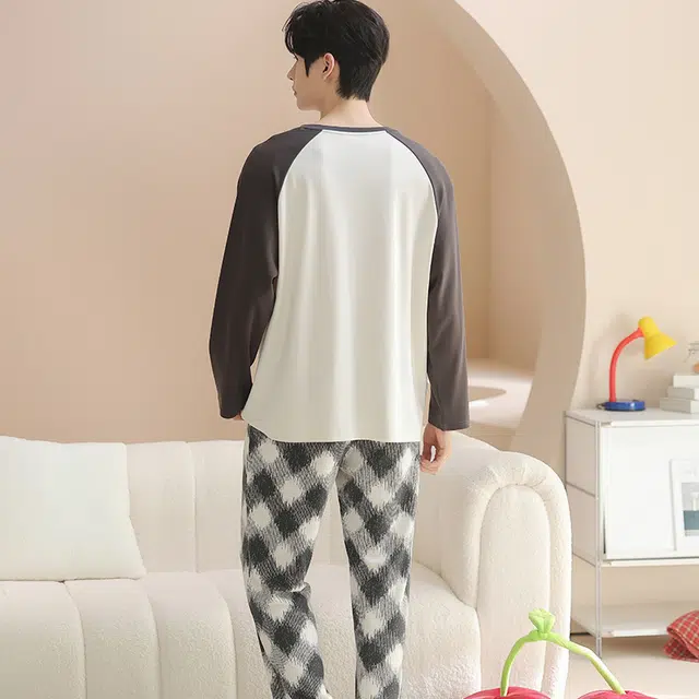 兰缪 男士春夏秋季纯棉长袖大码学生薄款青少年家居服可外穿睡衣套装 男款