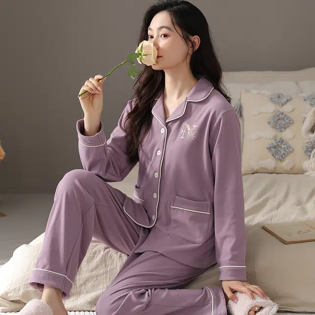 兰缪 保暖德绒长袖加厚翻领长裤家居服睡衣套装 女款 图色
